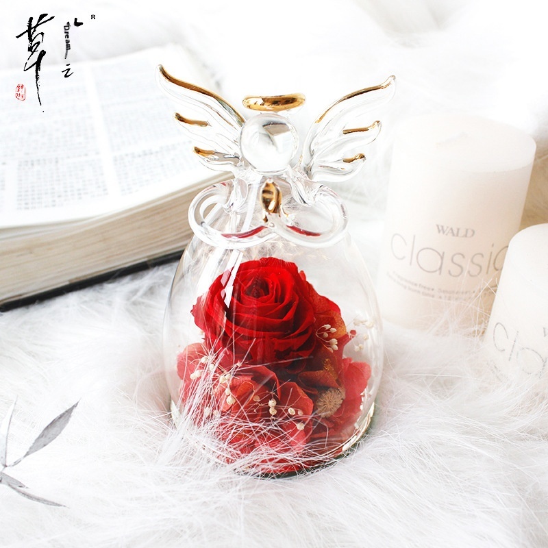 Handmade Angel Eternal Flower Rose Glass Cover Mother's Day Gift