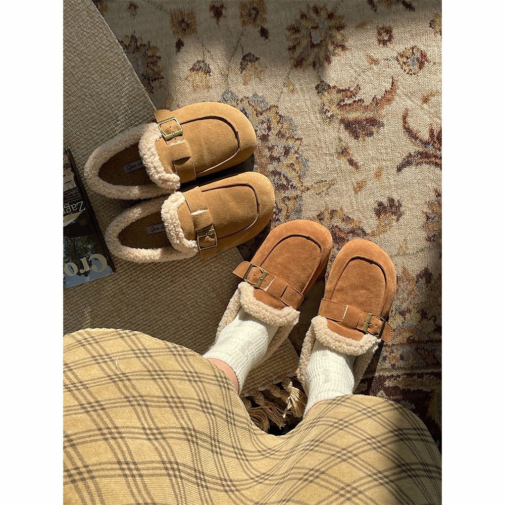 Jinmi Birkenstocks Women's Retro Winter Style Plus Velvet Warm Outer Wear Fur Shoes Women's Ugly Cute Shoes Women