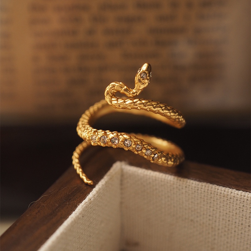 Niche Design Golden Snake Vintage Retro Middle-aged Ring With Diamond Opening And Adjustable Opening - 2