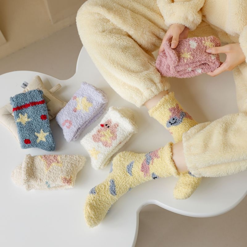Thickened Coral Fleece Socks Cute Star Cartoon Floor Socks Women Thickened Sleeping Home Floor Socks