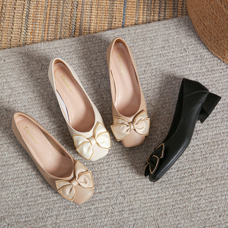 Evening Style Ladies Single Shoes Women's Shoes Hot Style Retro Commuting Soft Leather Square Head Medium And High Heel Grandma Shoes