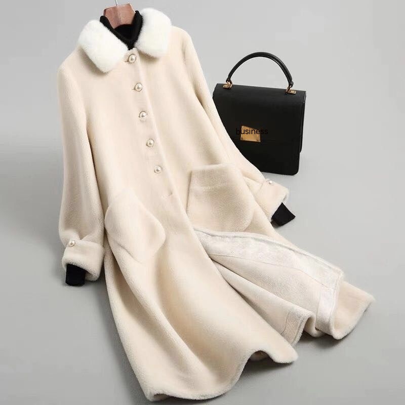 Wool Mink Collar Haining Sheep Sheared Coat Women's Long Mink Collar Wool Fur Coat
