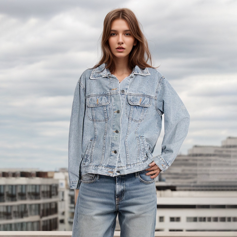 Spring Fashion Personality Lapel Long Sleeve Button Splicing Design Loose Versatile Denim Jacket Women