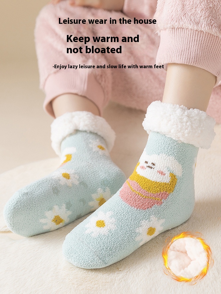 Floor Socks Women's Warm Foot Socks Autumn And Winter Style Plus Velvet Thick Warm Lambskin Home Coral Fleece Sleeping Confinement Socks