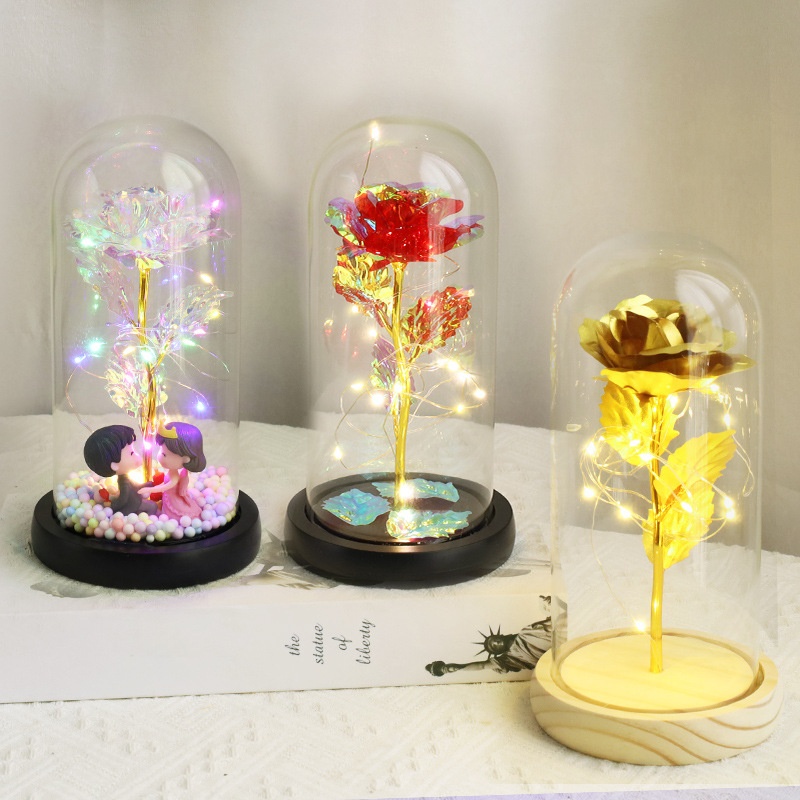 24 KColorful Gold Foil Flower Glass Cover Couple Night Light Mother's Day Gift Simulation Rose Valentine's Day Gift