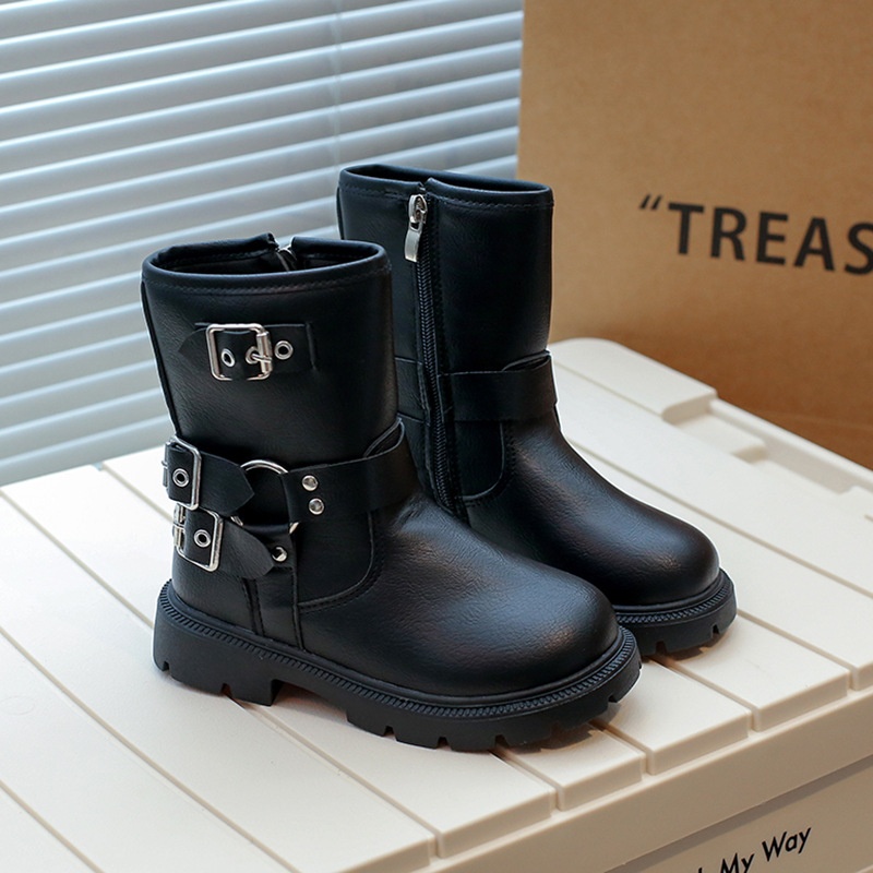 Girls'Martin Boots Autumn Side Buckle Children's Shoes Boys'Leather Boots Fashionable British Style Boots For Foreign Little Boys