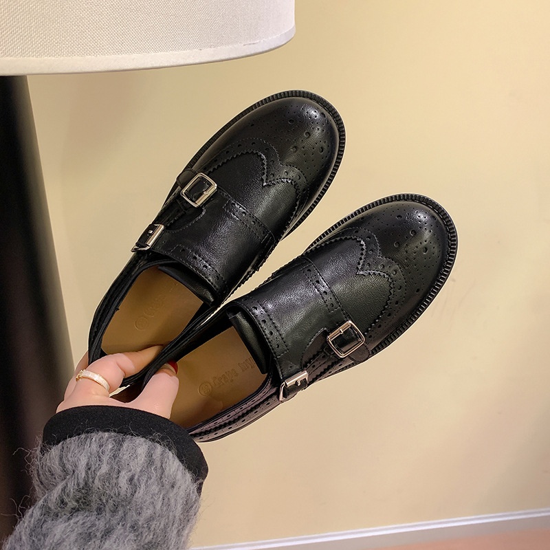 Spring And Autumn Shrink Leather Double Buckle Round Head Thick Heel Increase Height All-match British Style Leather Shoes Women's Loafers