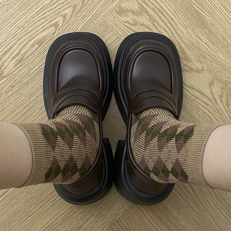 Thick-soled Height-enhancing French Brown Loafers For Women Autumn And Winter British All-match Forest-style Thick-heeled Small Leather Shoes