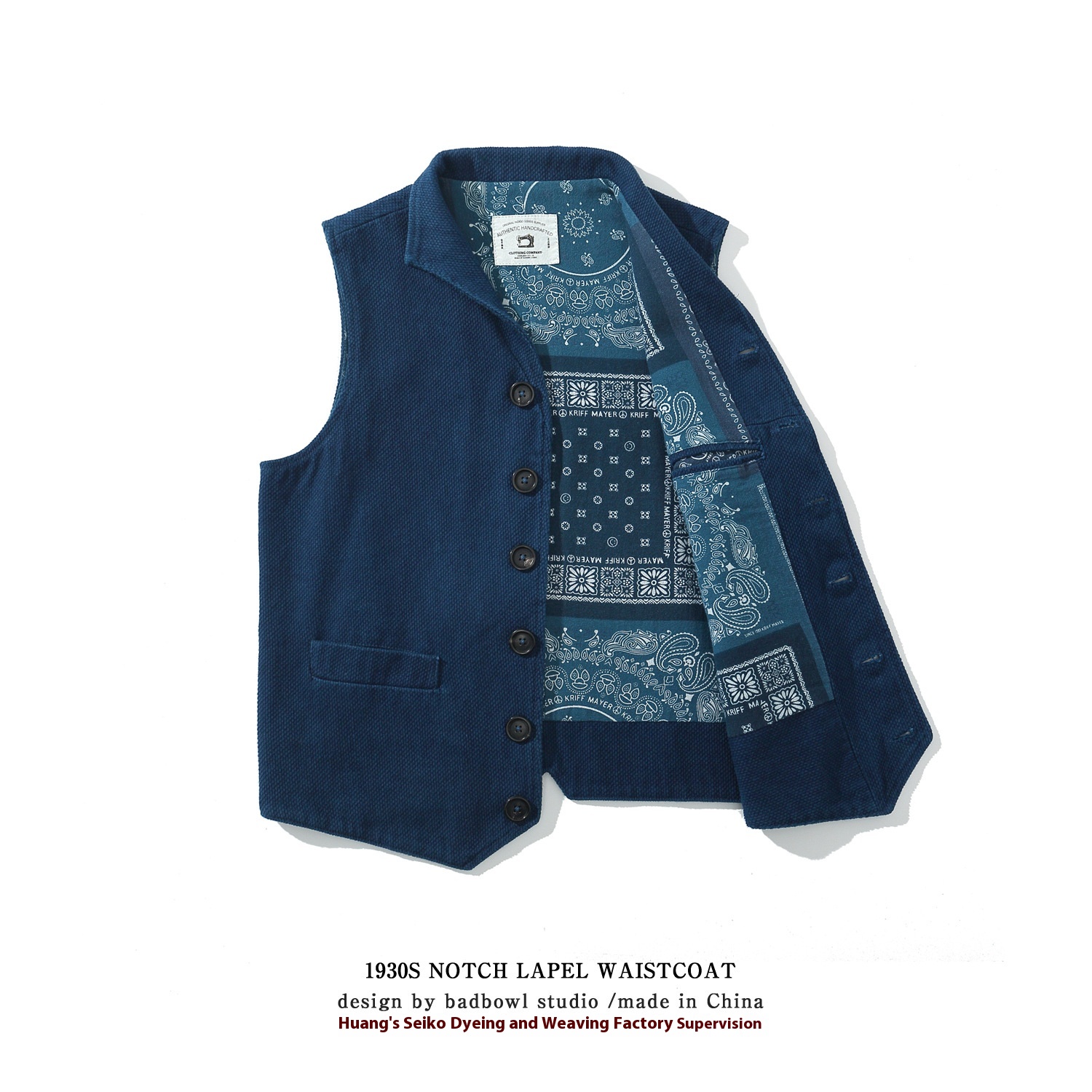Indigo Blue Dyed Vest Heavy Sashiko Vest Single-breasted Multi-pocket Suit Vest Retro Workwear Jacket