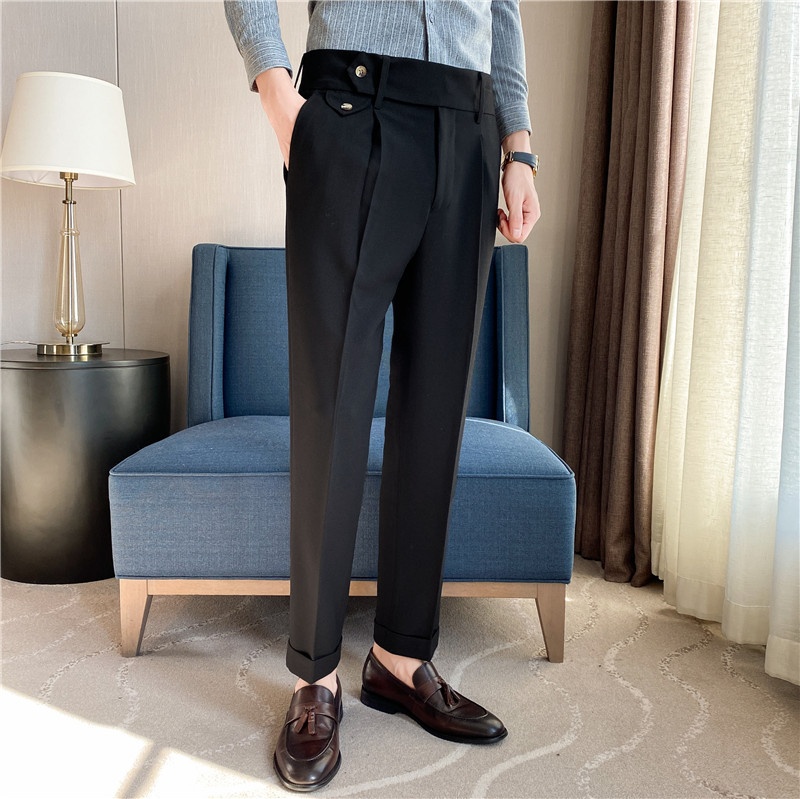 Men's Trousers Naples Italian Style High Waist Trousers Men's Trousers Autumn And Winter Yarn-dyed Dark Stripes Quality Casual Trousers