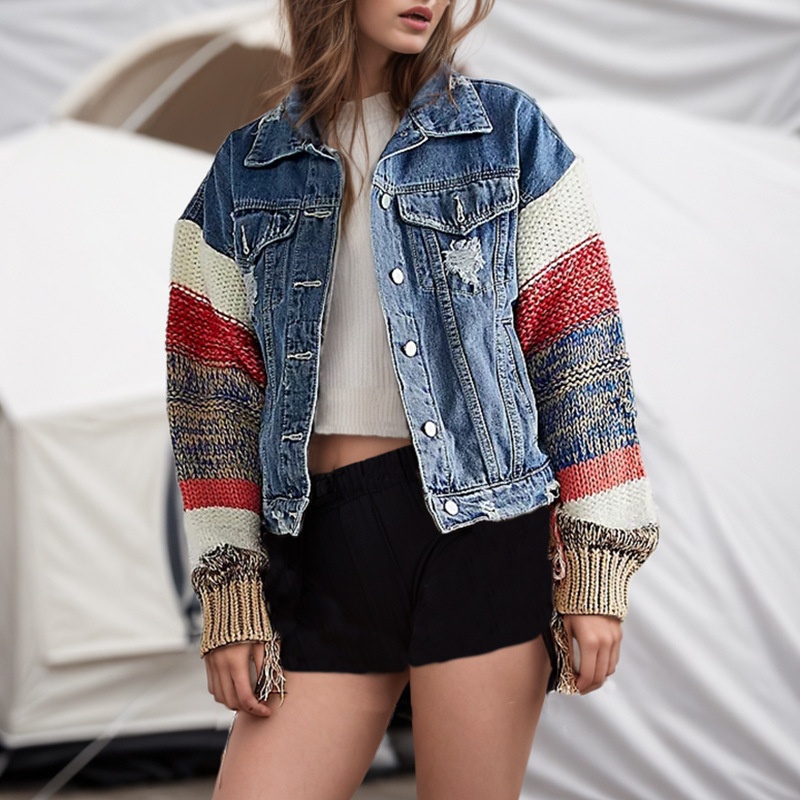 Fashion Fan Contrast Color Splicing Knit Sleeve Design Denim Jacket Loose Jacket