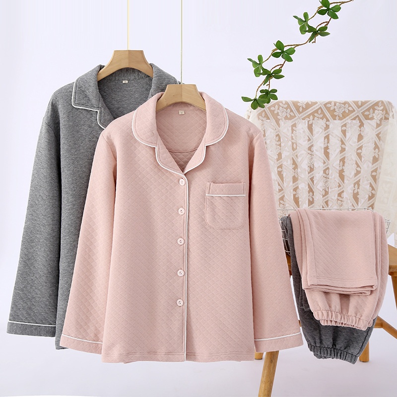 Pure Color Air Layer Couple Suits Pure Cotton Four-color Home Breathable Warm Home Clothes V-neck Men And Women Pajamas