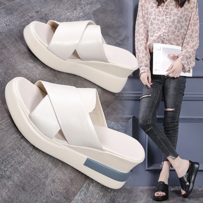 Wedge Heel Sandals Summer One-line Thick-soled Slippers Women's Platform Heels Fashionable High-heeled Sandals