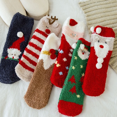Socks3 DCartoon Coral Fleece Socks Old Man Christmas Socks Elk Mid-tube Floor Socks Warm Christmas Socks