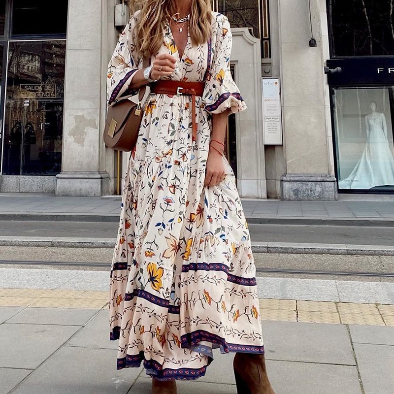 F D313 Ready-stock Fashion Foreign Trade Women's Clothing Autumn And Winter Fashion Printed Bohemian Long Dress - 2