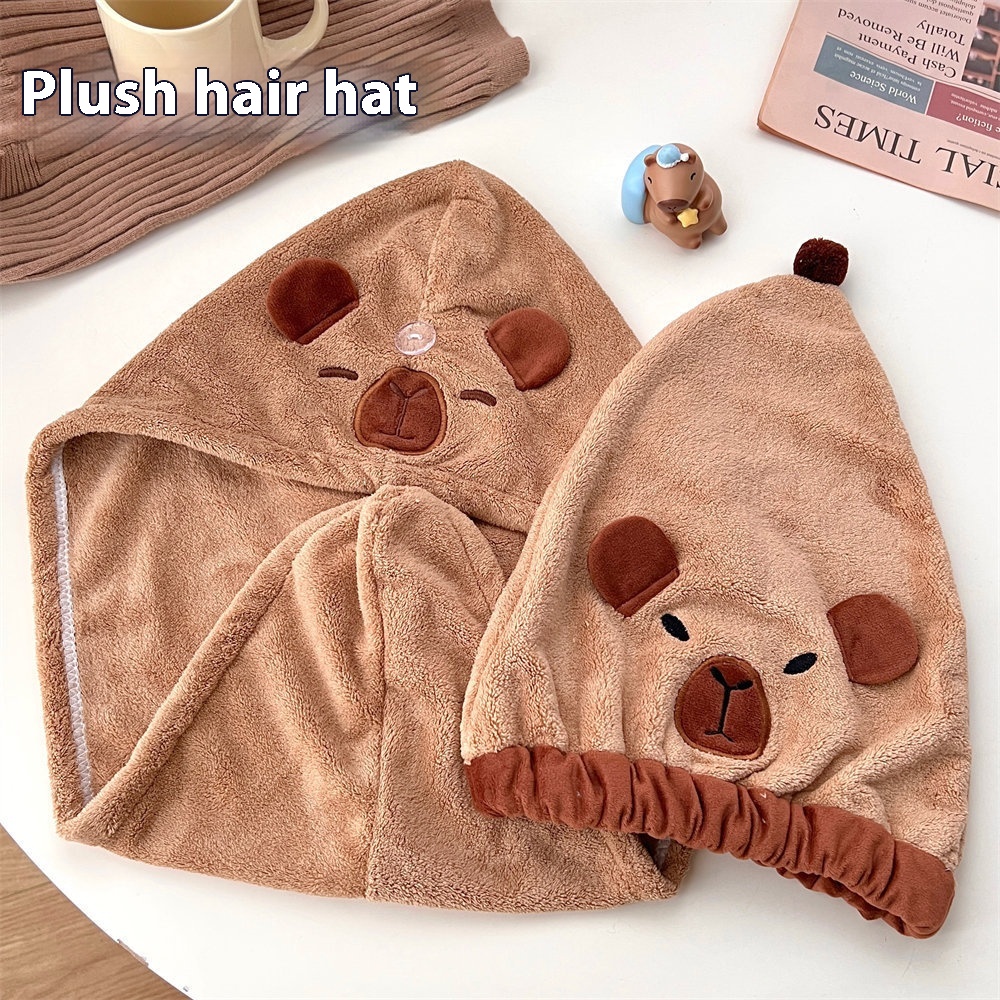 Cute Cartoon Capybara Hair Dryer Cap Coral Fleece Absorbent Quick-drying Shower Cap Soft Wiping Head Shampooing Headband Girl Dry