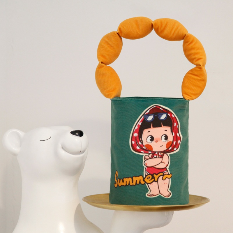 SBucket Canvas Storage Bag Bamboo Handle Handbag Shopping Photo Matching Work Attendance Shoulder Bag