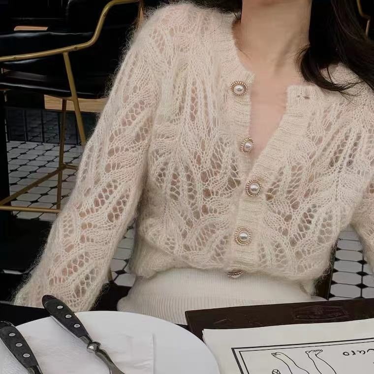 Short Round Neck Pearl Button White Hollow Thin Knitted Cardigan Sweater Jacket Women's Tops - 1