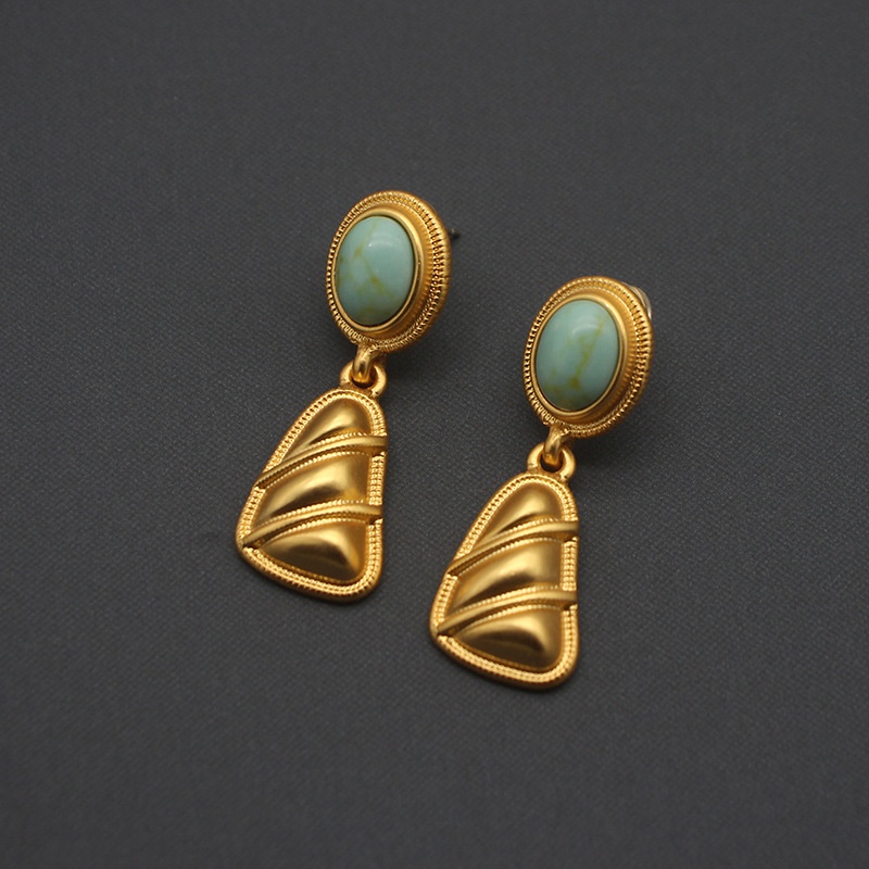 European And American Niche Jewelry European Retro Series Stone Necklace Earrings Set Real Gold Distressed Geometric Earrings Vint - 3