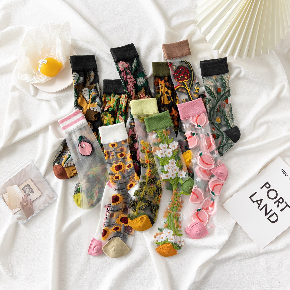 Summer Socks Women's Japanese Thin Retro Floral Glass Silk Mid-tube Socks Fashionable Card Stockings