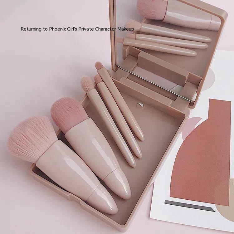 5-piece Makeup Brush Set, Eye Shadow Brush, Blush Brush, Lip Brush, Powder Brush, Portable Makeup Tool With Mirror - 4