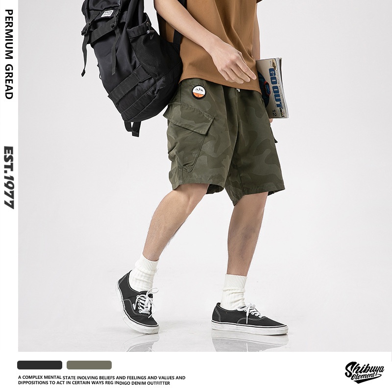 Japanese Retro Big Pocket Camouflage Casual Workwear Shorts Men's Summer Drawstring Elastic Waist Loose Shorts