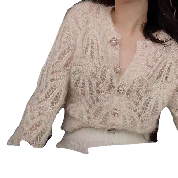 Short Round Neck Pearl Button White Hollow Thin Knitted Cardigan Sweater Jacket Women's Tops - 5