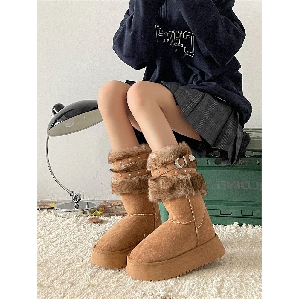 Northeast Women's Snow Boots Winter Plus Velvet Thickened Thick-soled Mid-tube Cotton Shoes Fashionable All-match Furry Cotton Boots