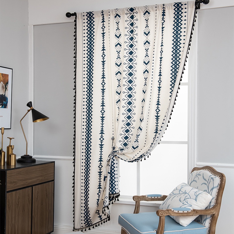 Cotton And Linen Print Black Fringe Bohemian Style Bay Window Curtain