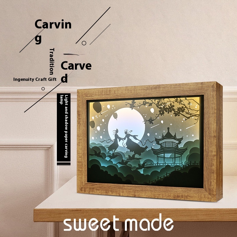 Chinese Style Night Light Mid-Autumn Festival Magpie Bridge Meeting Creative Birthday Gift Light And Shadow Photo Frame Light3d Three-dimensional Paper Sculpture Light Customization
