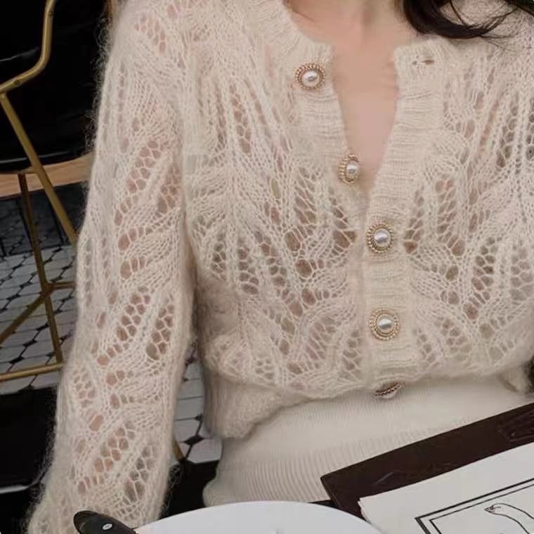 Short Round Neck Pearl Button White Hollow Thin Knitted Cardigan Sweater Jacket Women's Tops - 4
