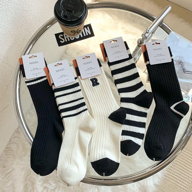 Zhuji Socks Women Embroidery Japanese Double Needle RLetter Pile Socks Women's Medium Tube Bamboo Cotton Socks Tide MK