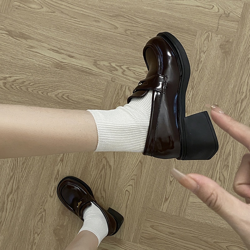 Queen Style French Loafers For Women Autumn And Winter Brown Small Heightening Thick Heels British Style Small Leather Shoes