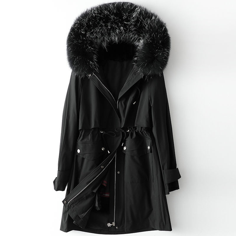 Rabbit Fur Lining Raccoon Fur Collar Pie Coat Women's Long Hooded Fur Coat