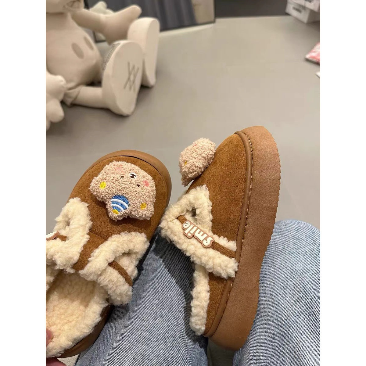 Internet Celebrity Cute Baotou Heightened Thick Bottom Fur Slippers For Women To Wear As Outerwear Autumn And Winter Warm Non-slip Cotton Slippers