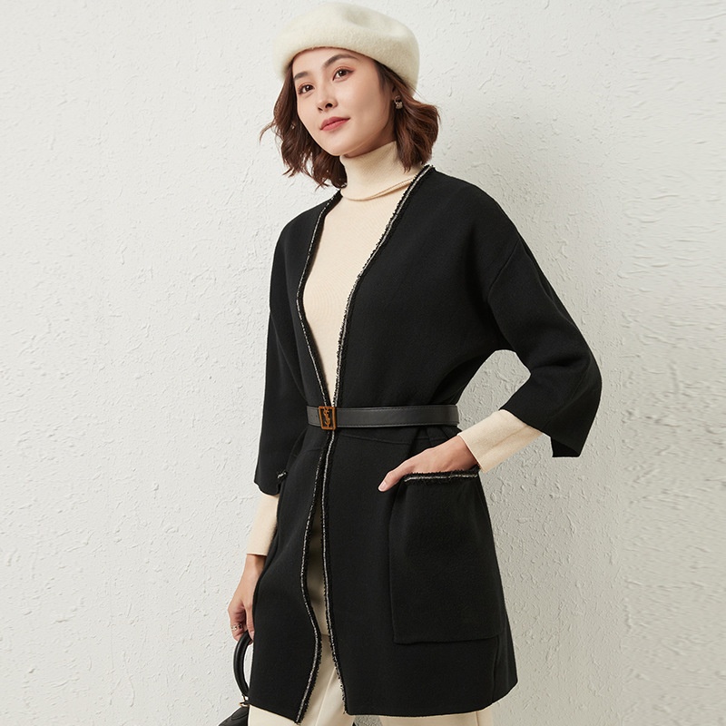 Autumn And Winter Core-spun Yarn Versatile Round Neck Loose Mid-length Coat Solid Color Temperament Woolen Jacket Top - 4