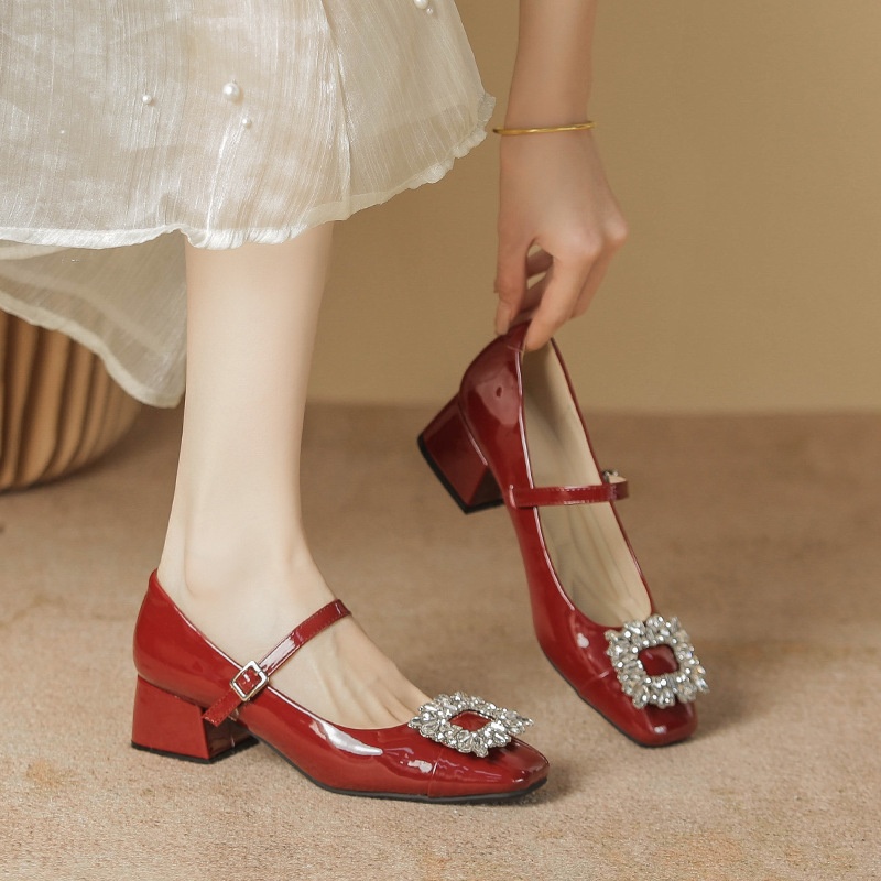 Wedding Shoes,Bridal Shoes,Elegant Rhinestone Square Toe Shallow Mouth,Red Retro Mary Jane French Style Thick Heel High Heels