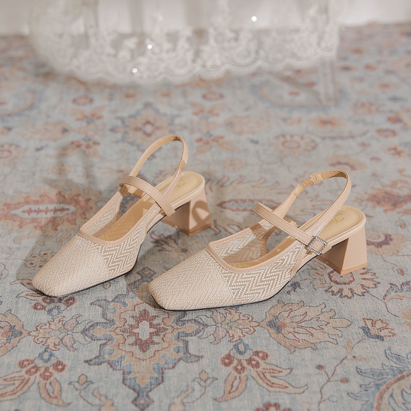 2319-5 High-heeled Sandals For Women Summer Style Mesh Breathable Thick Heels Square Toe Fashionable French Mid-heeled Shoes