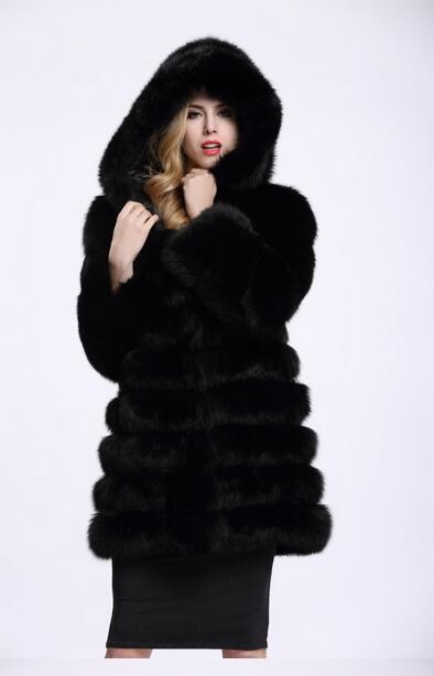 Women's Elegant Faux Fur Spliced Hooded Coat Fluffy Thickened Warm Fox Fur Coat - 2
