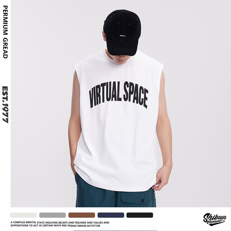 American Retro300g Heavyweight Drop Shoulder Letter Printed Vest Men's Pure Cotton Sports Casual Fitness Vest