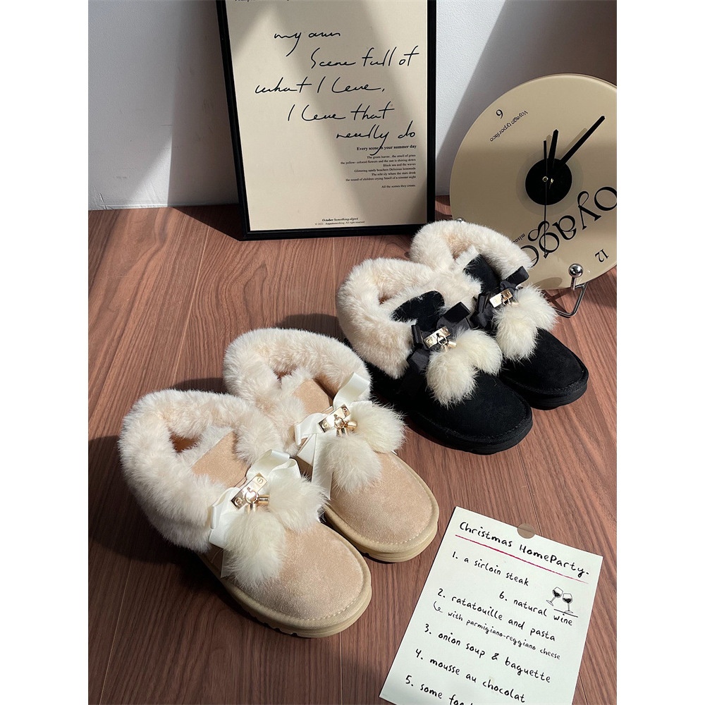 Bowknot Snow Boots Women's Winter Stylish Cotton Shoes Women's Plus Velvet Thick Warm Short-tube Bread Shoes Women