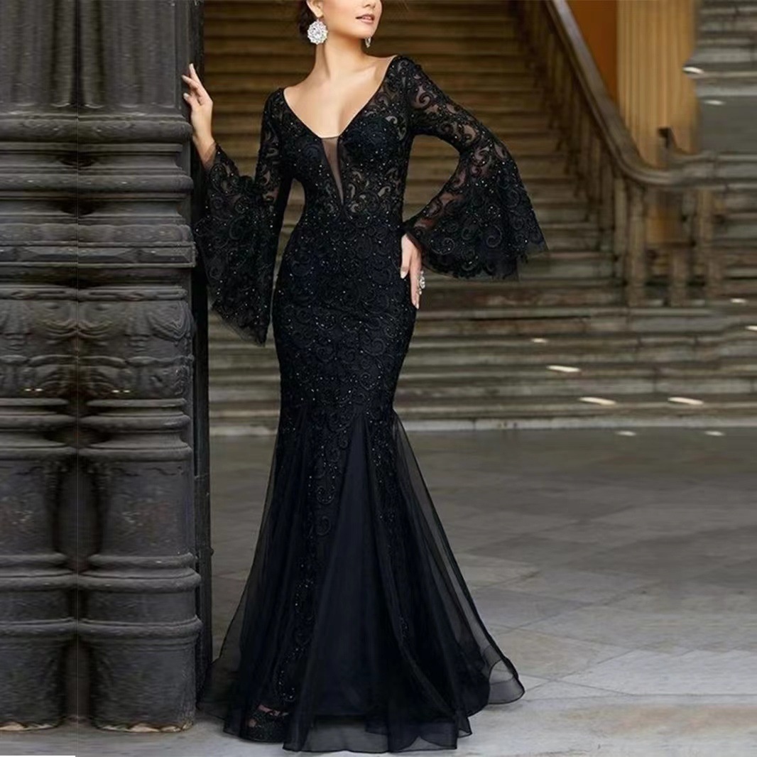 W T1120# Evening Dress Style Noble Sexy Slim Fishtail Long Banquet Dress Female Black Anchor - 1