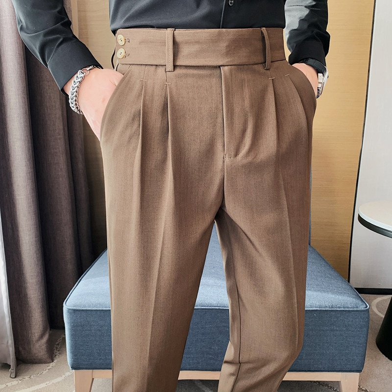 Spring Men's Textured Twill Naples Trousers Pleated Design Drape High Waist Casual Cropped Pants