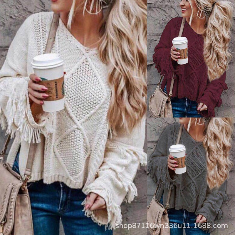 Autumn And Winter Street Y Pullover Tassel Design Sexy Off- Shoulder European And American Long- Sleeved Sweater For Women - 1