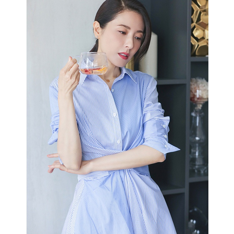 Celebrity Zeng Li's Striped Shirt Dress For Women, Mid-length Waist Slimming, Contrasting Color Asymmetry - 2