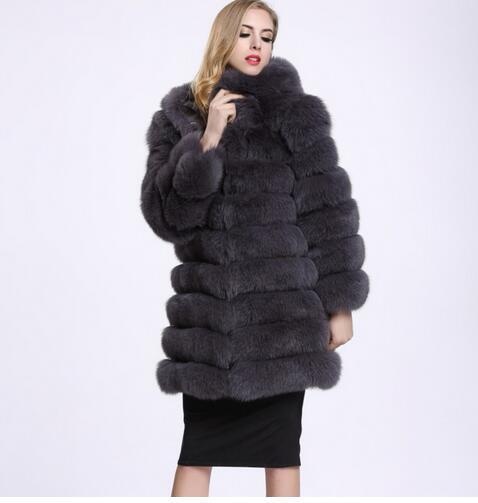 Women's Elegant Faux Fur Spliced Hooded Coat Fluffy Thickened Warm Fox Fur Coat - 1