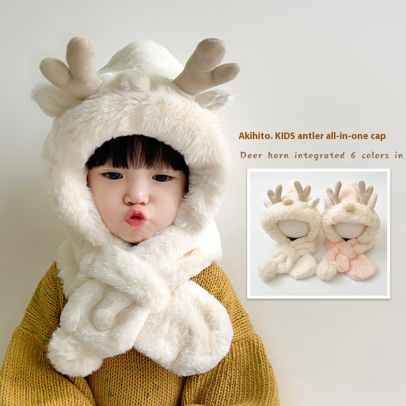 Qiunan Children's Hat Scarf Integrated Winter Cute Deer Horns Girls Warm Baby Earmuffs