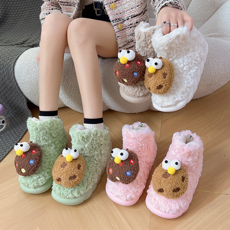 Internet Celebrity Cute Cartoon Thick-soled Mid-tube Snow Boots For Women Winter Plus Velvet Thickened Anti-slip Warm Cotton Shoes