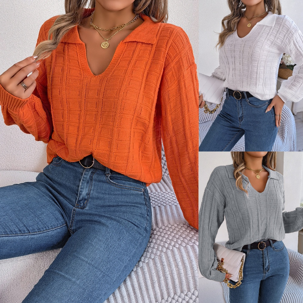 Real Shot Autumn And Winter Casual Lapel Solid Color Plaid Long-sleeved Knitted Pullover Sweater Independent Station Women's Clothing - 1