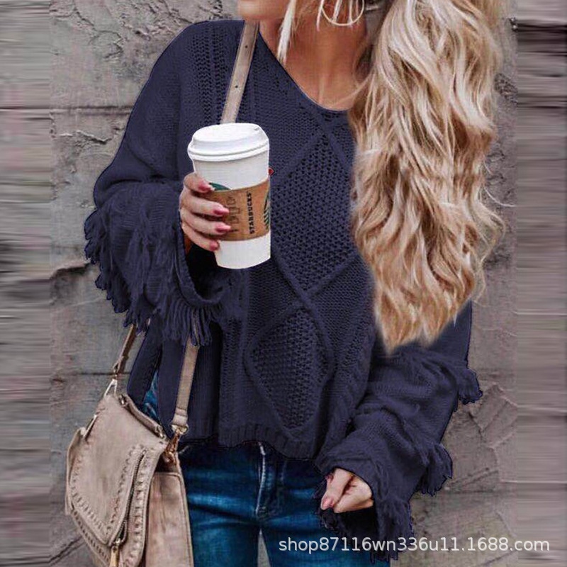 Autumn And Winter Street Y Pullover Tassel Design Sexy Off- Shoulder European And American Long- Sleeved Sweater For Women - 3